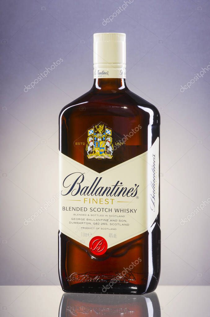 Ballantines whisky on gradient background. Ballantines is blended scotch whisky produced produced by Pernod Ricard in Dumbarton, Scotland.