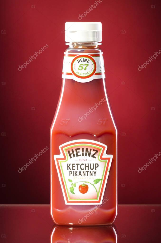 KWIDZYN, POLAND  NOVEMBER 8, 2017: Heinz ketchup on gradient background. Heinz was founded by Henry John Heinz in 1869 in the USA.