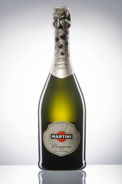 Kwidzyn, Polonya 18 Aralık 2017: Martini şişe köpüklü şarap degrade arka plan üzerinde izole. Martini mi İtalyan vermut, sonra Martini ve Rossi Distilleria Nazionale di Spirito di adında marka Vino Turin.