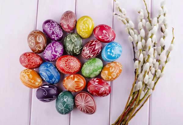 Colorful Scratched Handmade Easter Eggs Wooden Table — Stock Photo, Image