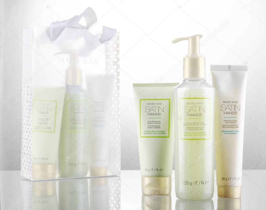 Mary Kay satin hands cosmetics isolated on gradient background. Mary Kay is based inAddison, Texas, outside Dallas. The company was founded by Mary Kay Ashin 1963.