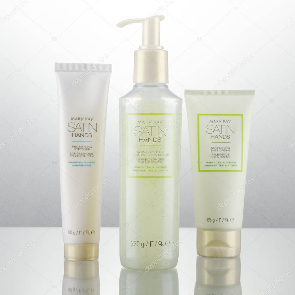 Mary Kay satin hands cosmetics isolated on gradient background. Mary Kay is based inAddison, Texas, outside Dallas. The company was founded by Mary Kay Ashin 1963.