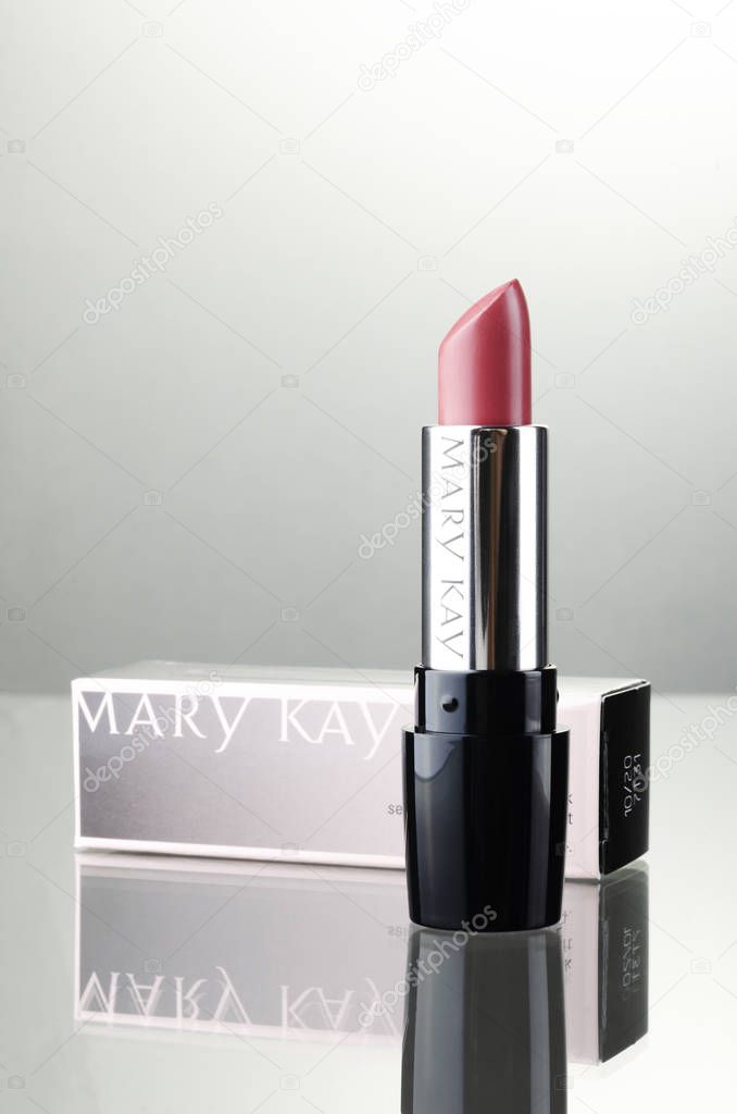 Set of Mary Kay cosmetics isolated on gradient background. Mary Kay is based in Addison, Texas, outside Dallas. Company was founded by Mary Kay Ash in 1963.