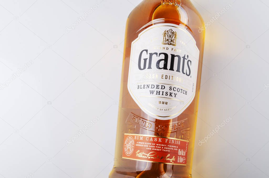 Grants rum cask finish whisky on white background. Grants has been produced by William Grants and sons in Scotland since 1887