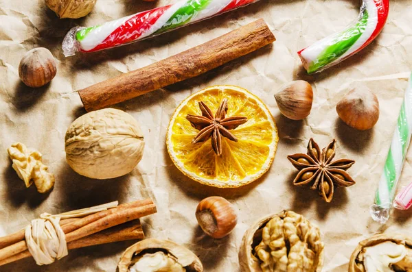 Variety Christmas Food Products Ginger Cake Nuts Cinnamon Stick Lollipop — Stock Photo, Image