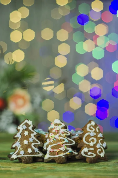 Deliciosas Galletas Navidad Decoradas Sobre Fondo Bokeh —  Fotos de Stock