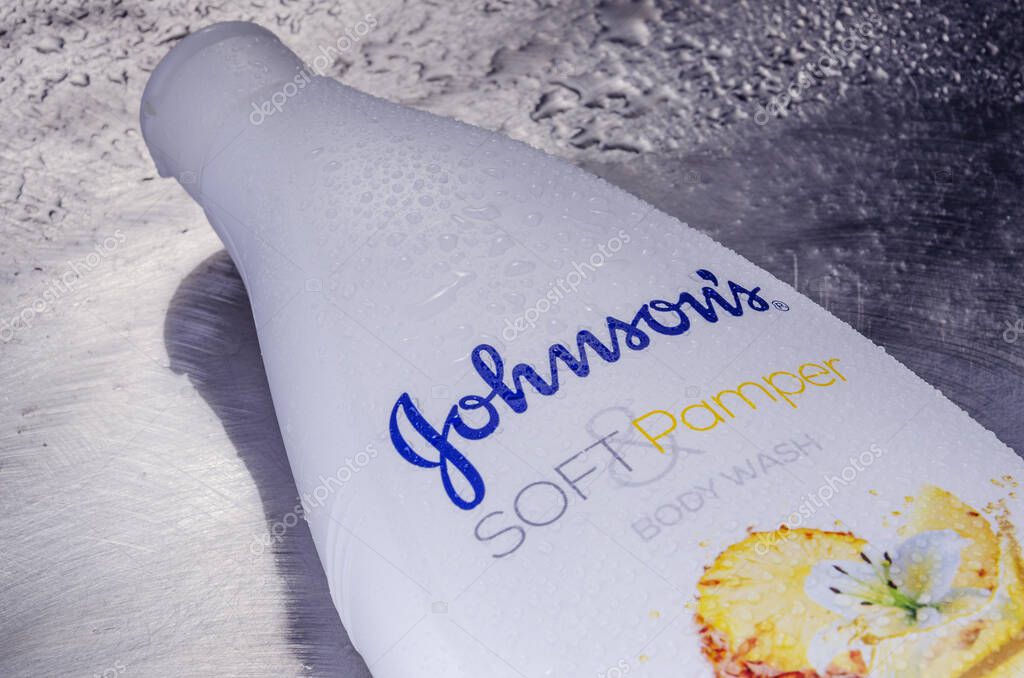 Johnsons body wash isolated on metal background. It is produces by american Johnson and Johnsoncorporation founded in 1886 and headquartered inNew Brunswick