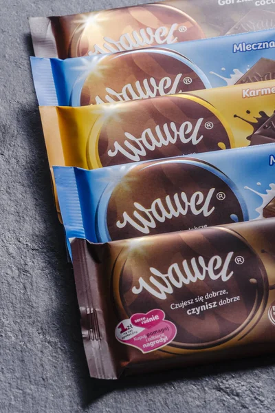 Barres Chocolat Wawel Isolées Sur Fond Ardoise Pierre Entreprise Confiserie — Photo