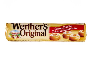 Werthers, beyaz arka planda orijinal krema şekeri. 1903 yılında Berlin merkezli Alman firması August StorckKG tarafından üretilmiştir.
