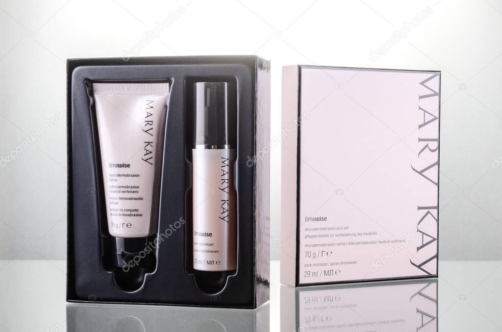 Mary Kay cosmetics isolated on gradient background. Mary Kay is based inAddison, Texas, outside Dallas. Company was founded by Mary Kay Ashin 1963.