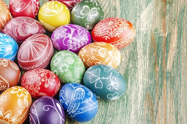 Variety Colorful Handmade Scratched Easter Eggs Wooden Table — Stock Photo, Image