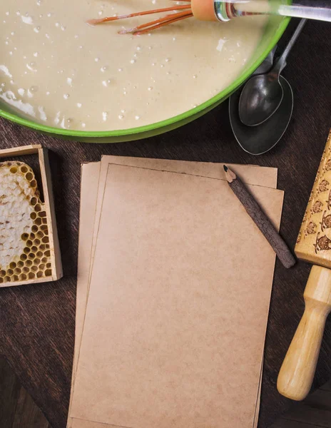 Ingredients for baking and blanked notepad for recipes — Stock Photo, Image