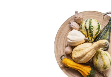 Beyaz arka plan üzerinde izole plaka üzerinde dekoratif kabaklar