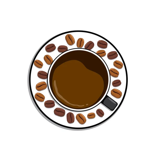 Xícara de café vista superior e grãos de café . — Vetor de Stock