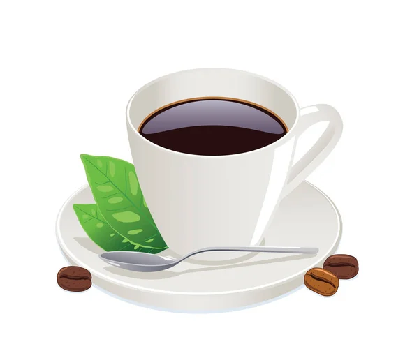 Tazza Caffè Con Chicchi Caffè Foglie Isolate Sfondo Bianco — Vettoriale Stock