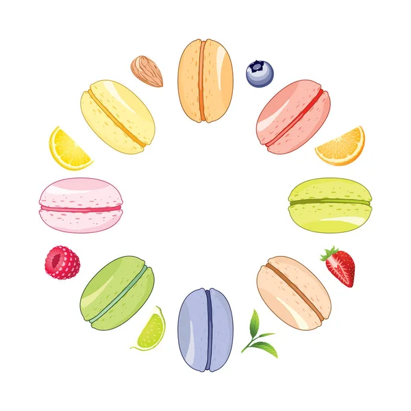 Colorful Macarons Frame Fruits Isolated White Background — Stock Vector