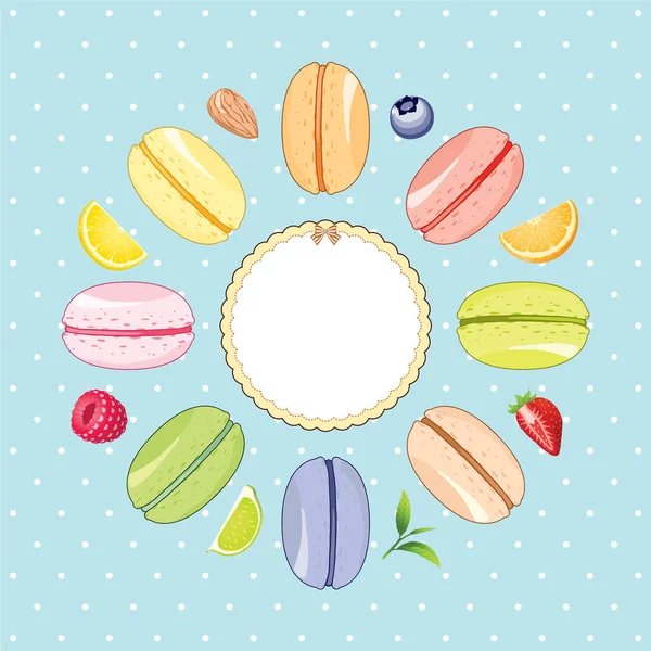 Macarons Coloridos Com Moldura Frutas Isoladas Fundo Branco —  Vetores de Stock