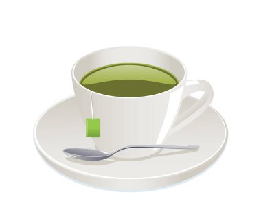 Beyaz arka planda bir fincan yeşil çay ve çay poşeti..