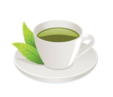 Beyaz arkaplanda yaprakları olan bir fincan yeşil çay.