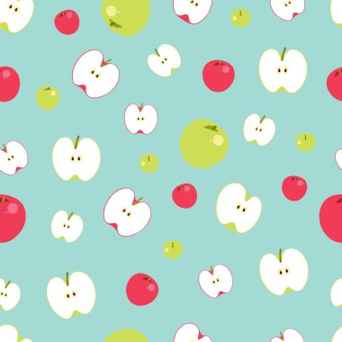 Mavi arkaplanda elmalar ve yarımlar izole edilmiş.