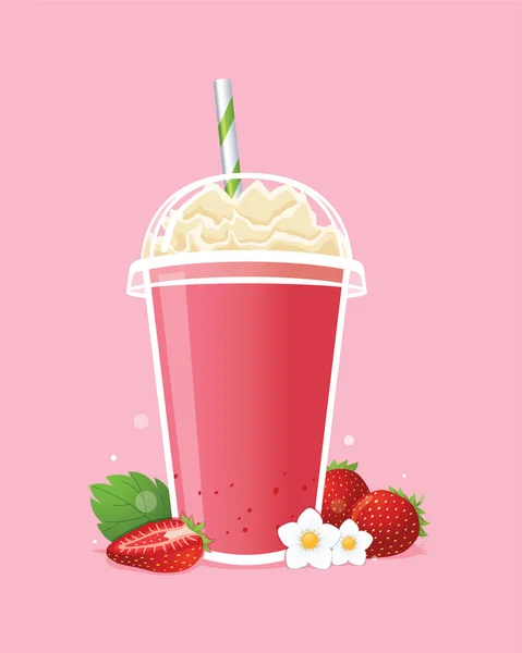 Erdbeer Milchshake Mit Schlagsahne Take Way Becher Und Erdbeeren — Stockvektor