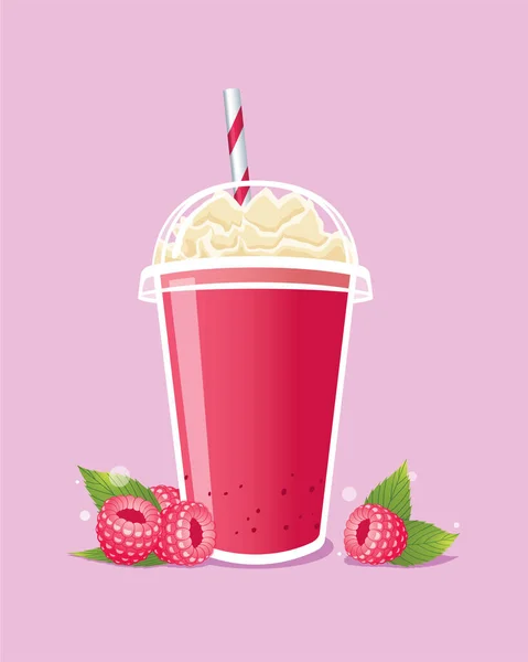 Raspberry Milkshake Whipped Cream Take Way Cup Raspberries — Stock Vector
