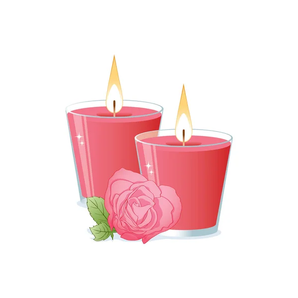 Burning Candles Glasses Rose Isolated White Background Valentine Day — Stock Vector