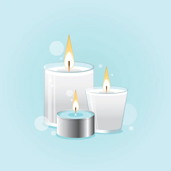Burning Candles Glasses Isolated Light Blue Background — Stock Vector