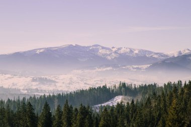 Kış mevsiminde Karpat dağlarının manzarası 