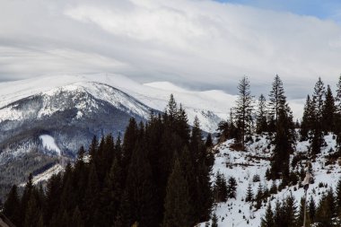 Kış mevsiminde Dzembronya manzarası, Ukrayna, seyahat kavramı 