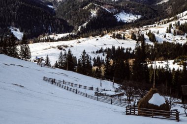 Kış mevsiminde Dzembronya manzarası, Ukrayna, seyahat kavramı 