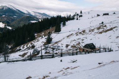 Kış mevsiminde Dzembronya manzarası, Ukrayna, seyahat kavramı 