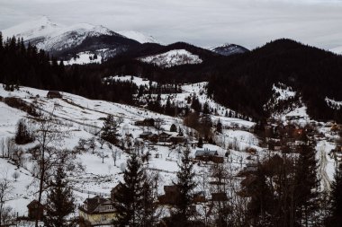 Kış mevsiminde Dzembronya manzarası, Ukrayna, seyahat kavramı 