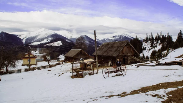 乌克兰Dzembronya附近村庄冬季景观 旅游概念 — 图库照片