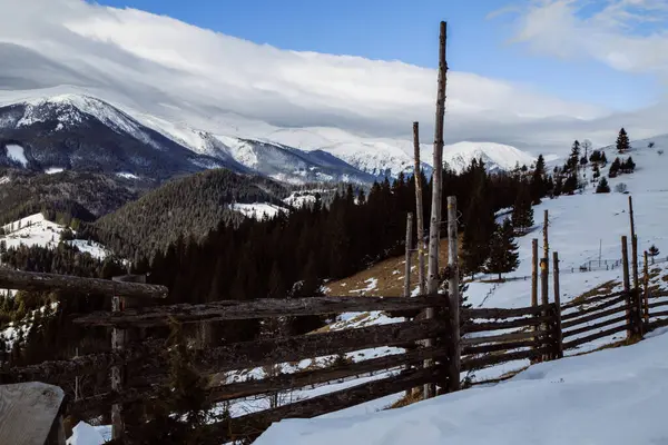 Vista Del Pueblo Cerca Dzembronya Temporada Invierno Ucrania Concepto Viaje — Foto de Stock