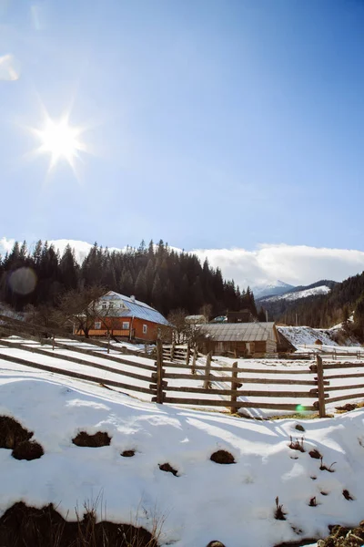 乌克兰Dzembronya附近村庄冬季景观 旅游概念 — 图库照片