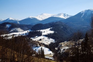 Ukrayna 'da kış mevsiminde dağların ve Bystrets köyünün manzarası 