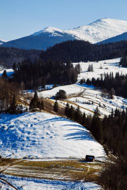 Ukrayna 'da kış mevsiminde dağların ve Bystrets köyünün manzarası 