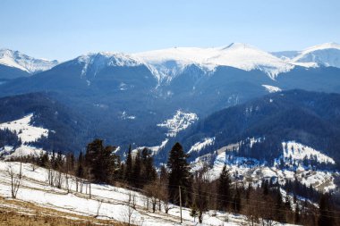 Ukrayna 'da kış mevsiminde dağların ve Bystrets köyünün manzarası 