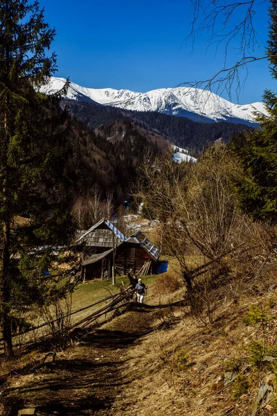 乌克兰春季山景与Bystrets村景观 — 图库照片