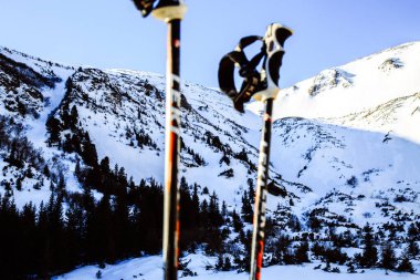 Kış mevsiminde Shpytsi dağlarına yürüyüş, seyahat konsepti, Ukrayna