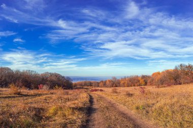 Sonbahar dağda, manzara güneşli günde, yani hafta sonu seyahati, ubalpine çayırları.