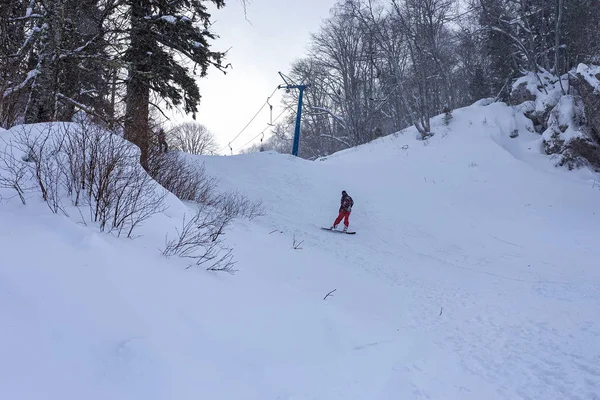 Maikop Adigeya地域 ロシア連邦 2019 山の中のレクリエーション アクティブな冬のスポーツ スノーボード レジャーと楽しみ 感情と自己満足感 — ストック写真