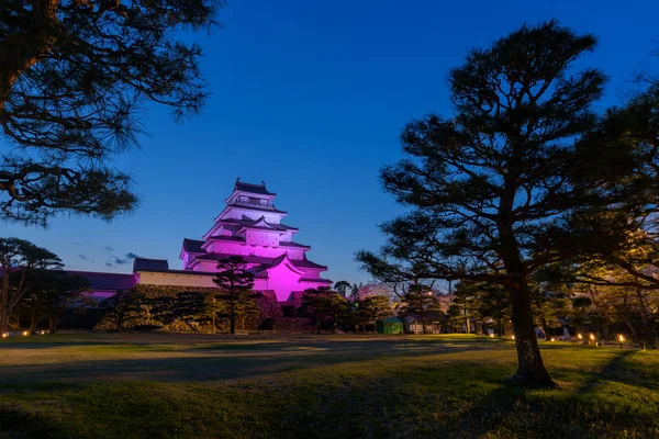 Éclairez-vous au château de Tsuruga (château d'Aizu) entouré de centaines d'arbres sakura — Photo