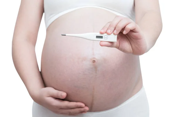 Κοντινό Πλάνο Έγκυος Γυναίκα Ένα Θερμόμετρο Στο Χέρι Απομονώσει Λευκό — Φωτογραφία Αρχείου