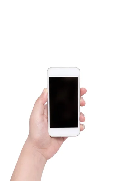 Mano femminile che tiene un telefono isolato su sfondo bianco Immagine Stock