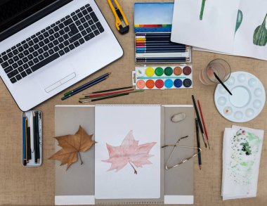 Suluboya ile boyanacak malzeme, sonbahar yaprağının kopyası, genel görünüm