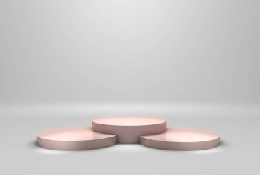 Beyaz arka planda platform konsepti olan modern podyum ya da kaide. Ürünü göstermek için pastel pembeli raflar. 3B görüntüleme