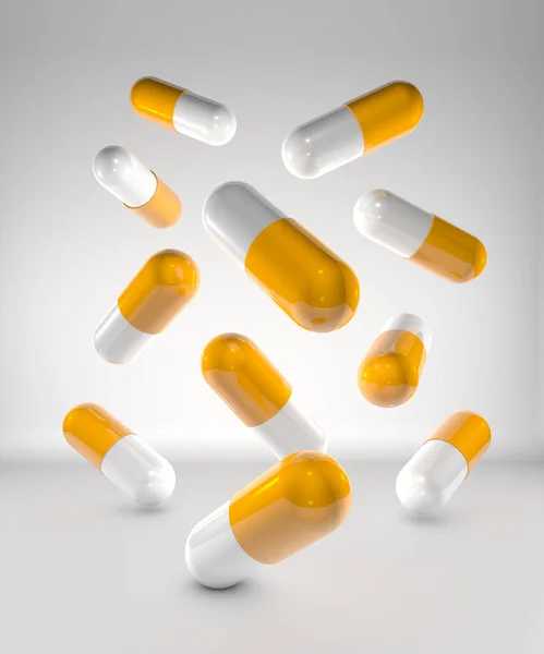 Κάψουλες Φαρμάκων Που Φέρουν Πορτοκαλί Και Άσπρο Λευκό Φόντο — Φωτογραφία Αρχείου
