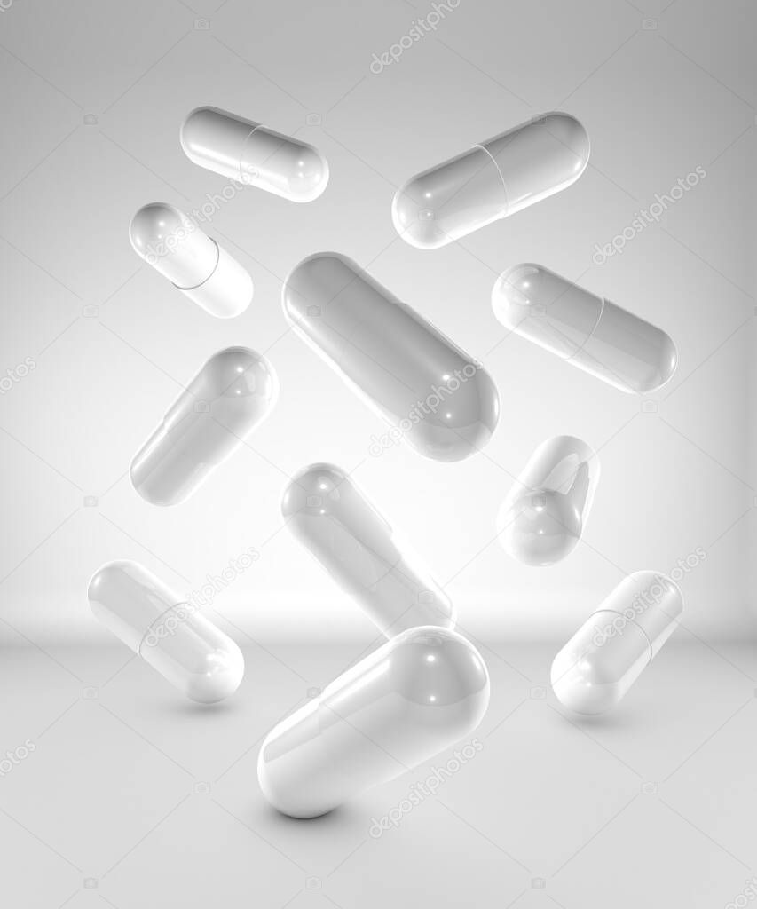 Medicine capsules flying white, on white background